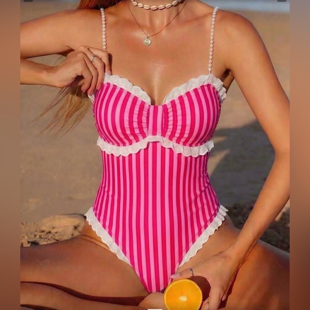 NWOT XL (12) Pink & White Wide Striped 1Pc Swim Eyelet Lace Trim & Pearl Straps
